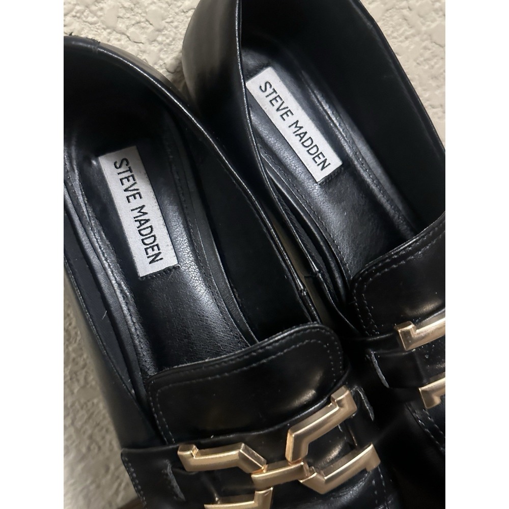 Steve Madden Ryann Women's 9 M Loafers Black Leather Gold Chain Bit Preppy - Picture 5 of 15